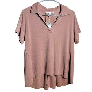 NWT Jane+Delancey Size Small Dusy Pink Ribbed High-Low V-Neck Vintage Polo Shirt